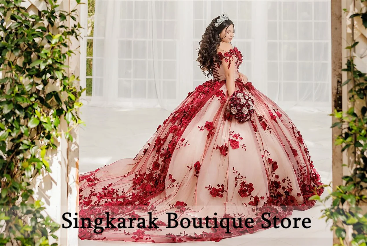 Cute Red Princess Quinceanera Dresses 2025 Exquisite 3D Flower Appliques Tulle Luxury 16th Birthday Desss Vestidos Customized