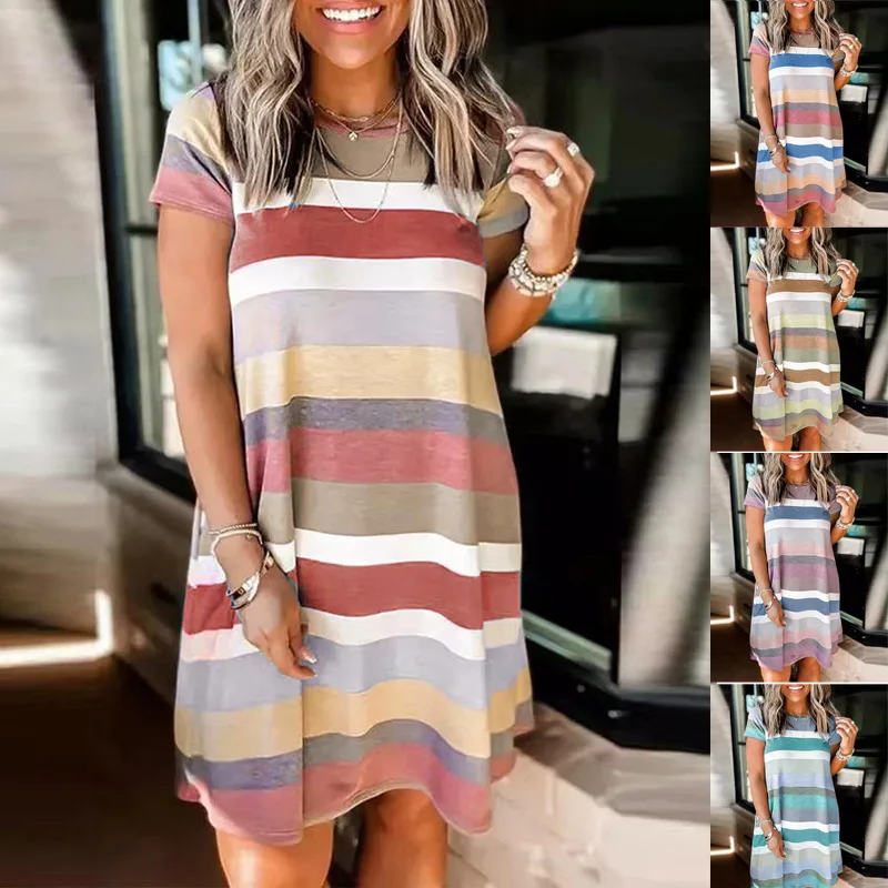 

2023 Summer New Women's Loose Casual Fashion Striped Print Short Sleeve Dress Vestidos