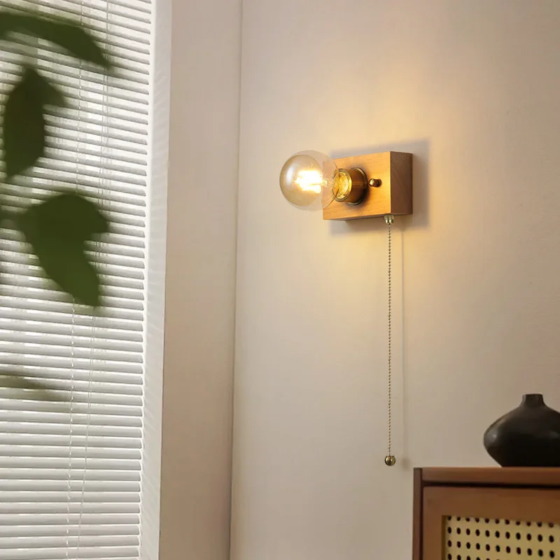 

American Style Pull Line Wall Lamp Nordic Solid Wood Corridor Bedroom Bedside wall Lamp Living Room Background Wall Reading Lamp