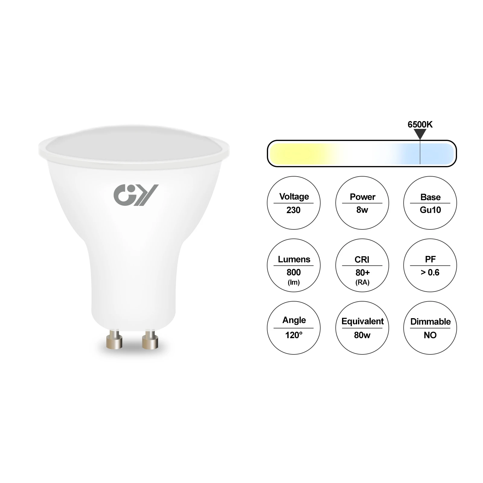 GY GU10 PAR16 LED Light Bulb 8W 800 Lumens, 80W Halogen Replacement, 120° Wide Beam Non-dimmable