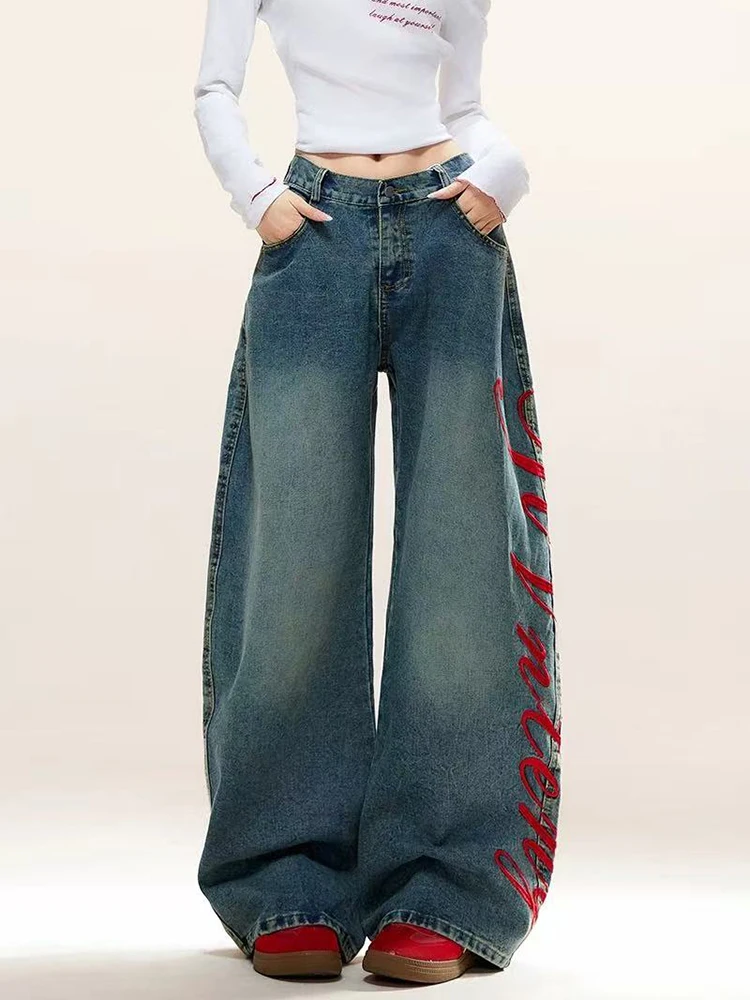 

Letter Embroidered Wide Leg Jeans Women Y2K Loose Streetwear Wash Denim Trousers Female High Waist All Match Straight Trousers