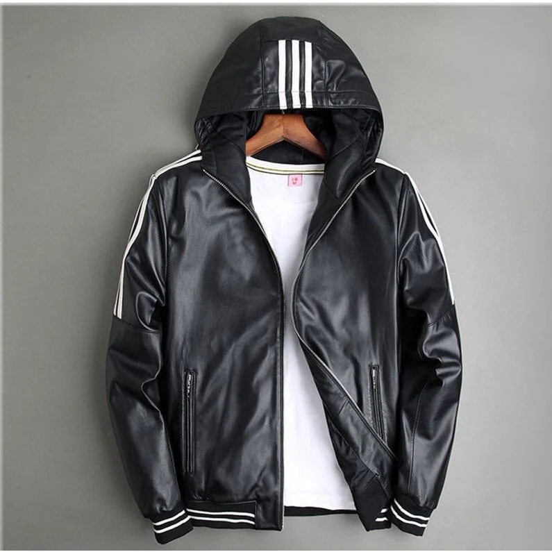 sheepskin genuine 100% leather fur coat Sheepskin short hooded with three stripes for men and women