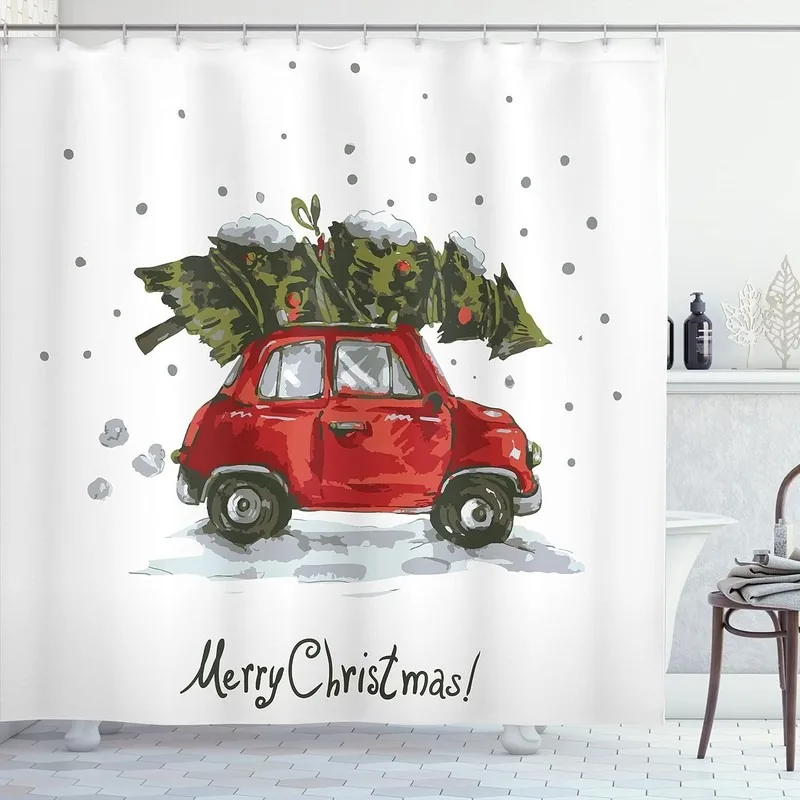 Vintage Red Car Christmas Tree Snowflake Hand Painted Shower Curtain Waterproof Bathroom Decor with 12 Hooks No Drilling