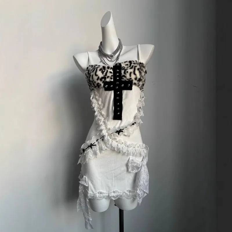 

Summer Vintage Gothic Lolita One Piece Dress Woman Leopard Print Lace Slip Y2k Sexy Dresses Aesthetic Kawaii Design Mini Dress