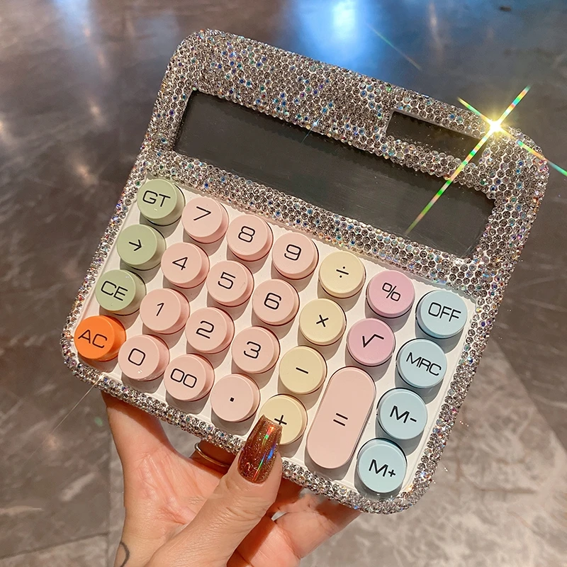 Dopamine Solar Calculator with Rhinestone Office Mechanical Keyboard Diamond-Studded Large Screen Display Accurate Office Tools