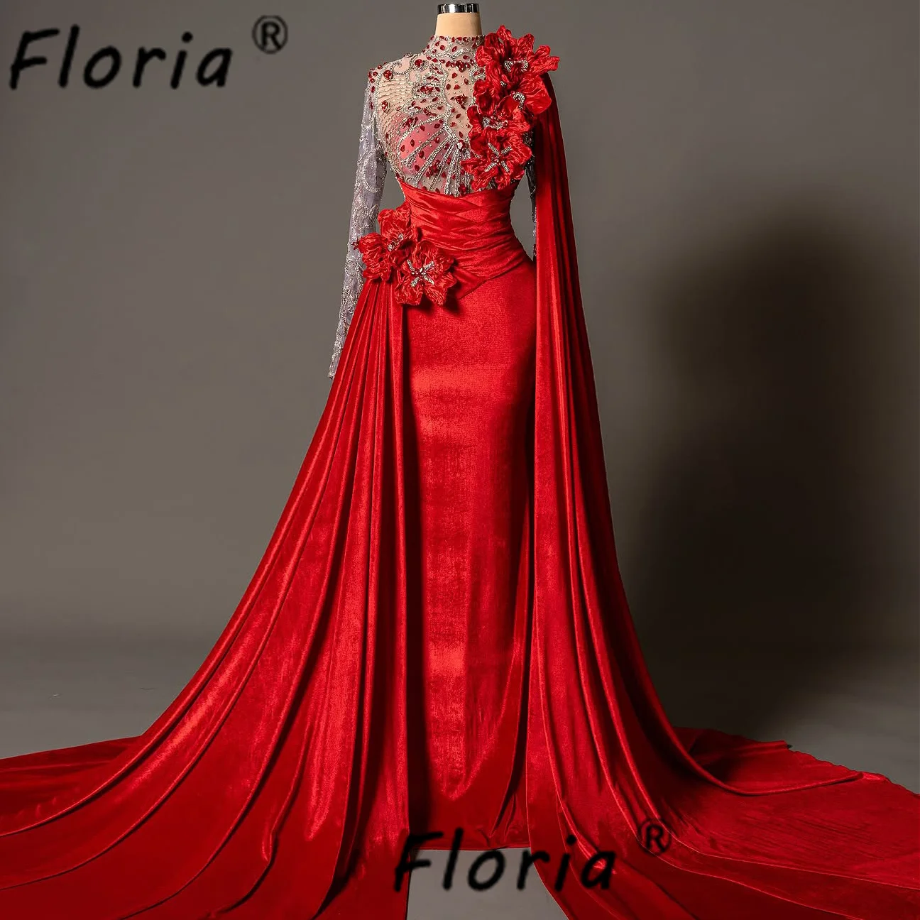 

Crystal Pearls Elegant Velvet Wedding Dresses For Woman 2026 Red Mermaid Party Dress Flowers Long Prom Gown Vesitdos de fiesta