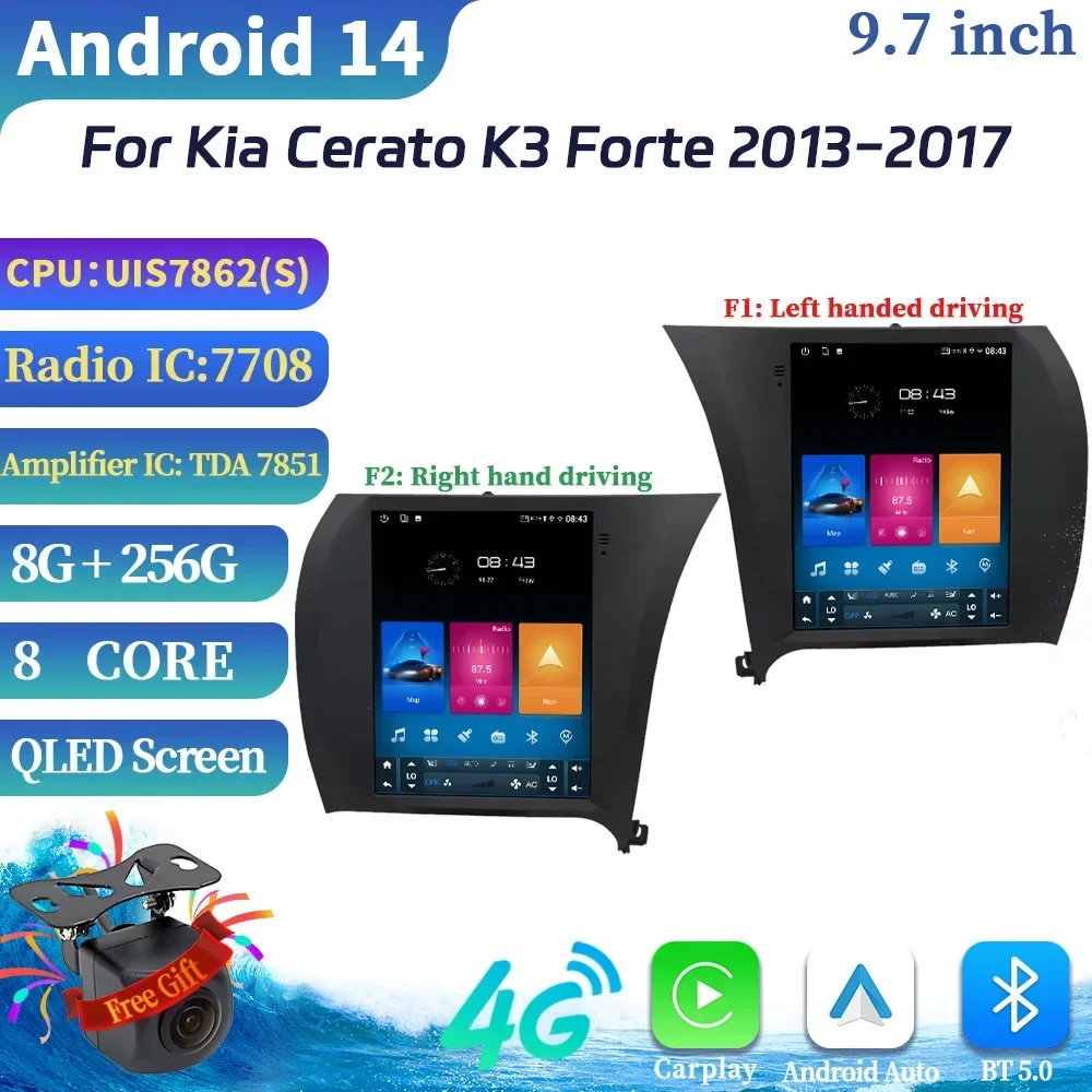 9.7inch For Kia Cerato K3 Forte 2013-2017 QLED Android 14 Car Radio Multimedia GPS  Wireless CarPlay 4G Head Unit Screen Stereo