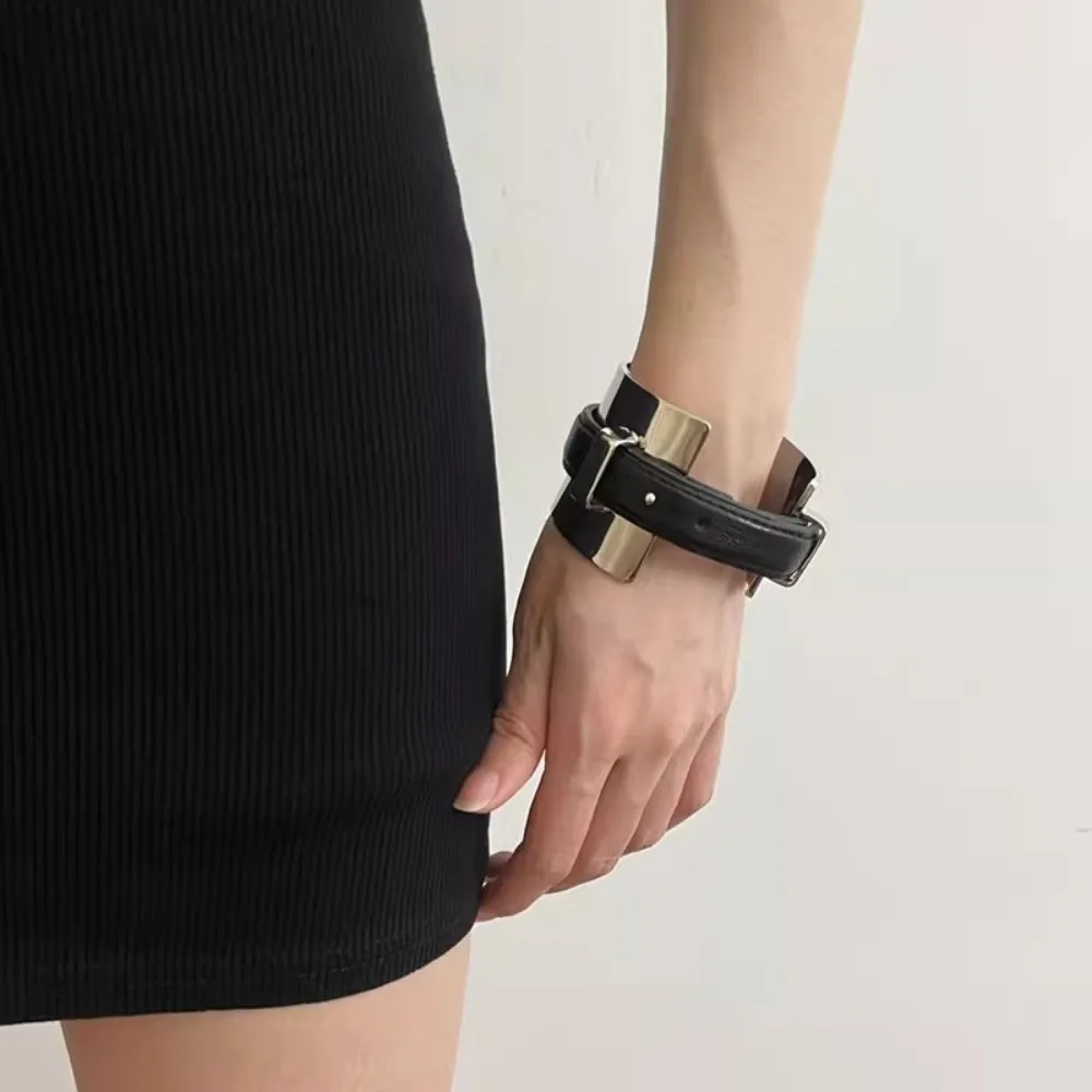 

Armlet Exaggerated Metal Bangle Golden Silver Belt Buckle Leather Bracelet Accessories Punk Style Women Open Bangle