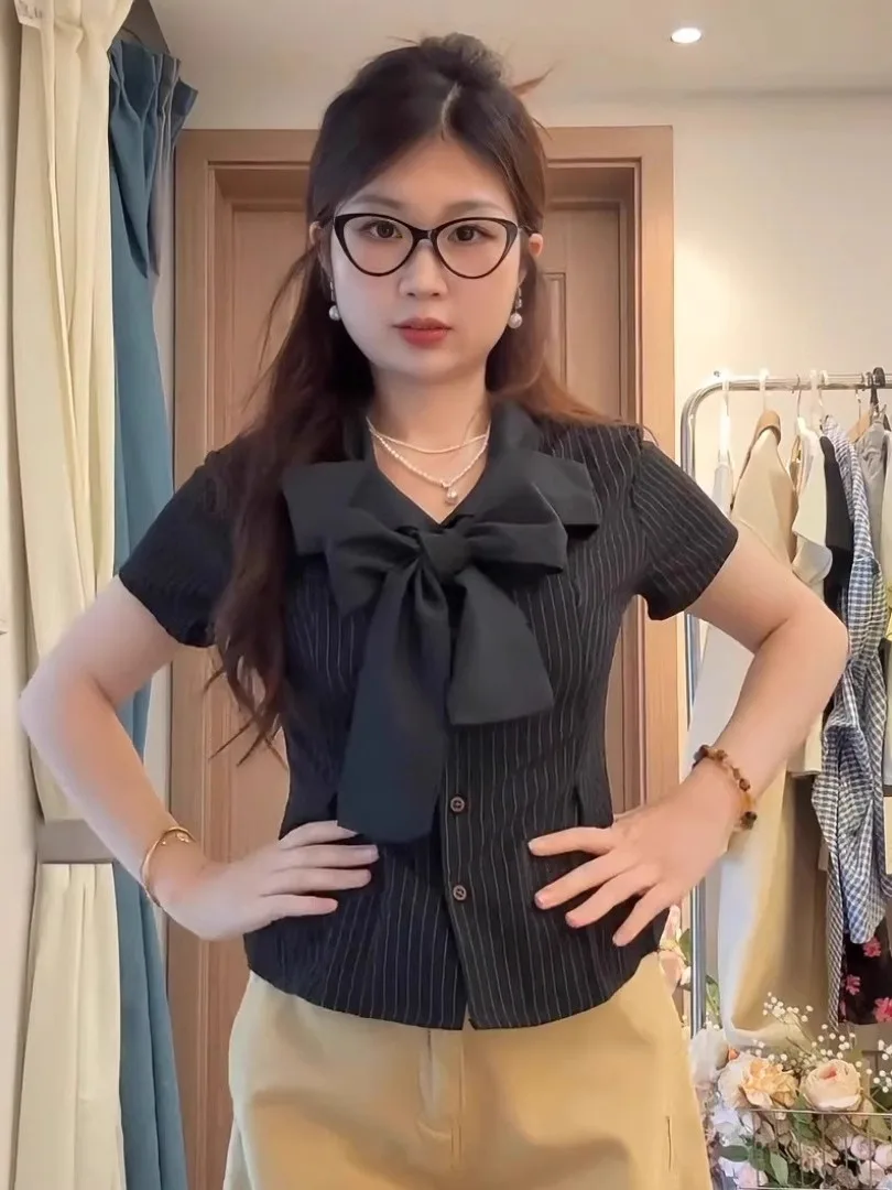 Ele Knot ort Sve irt Damen Faion Schlankheitsstreifen-Top Korean Sle Commute Wind Plus Size Big MM