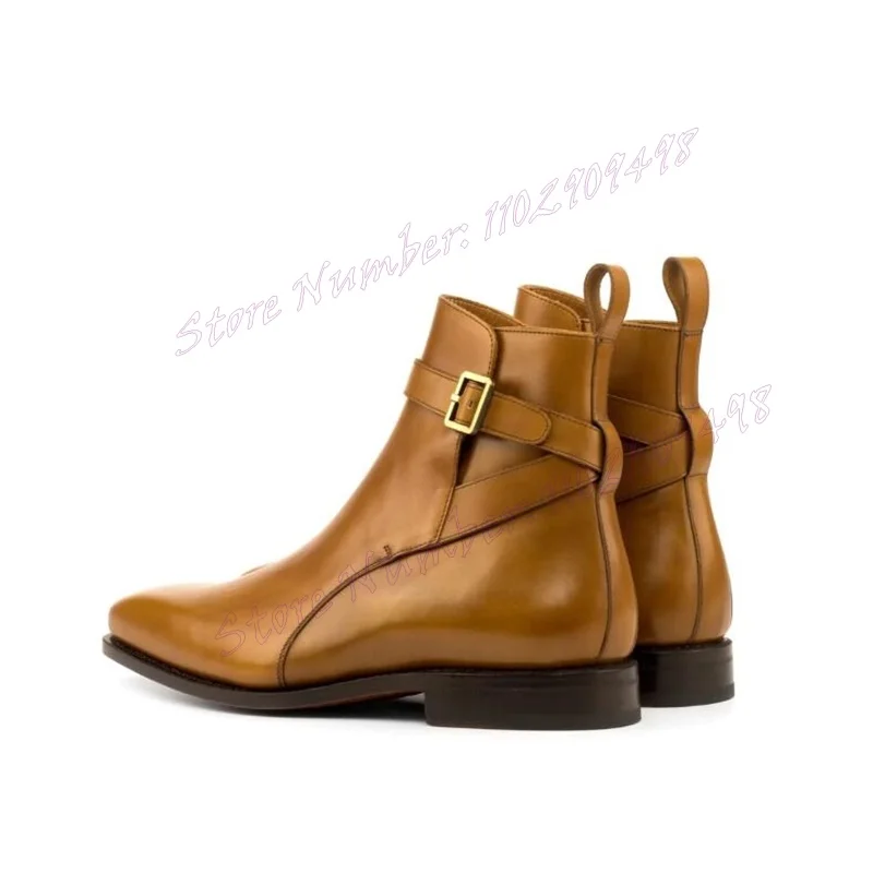 Brown Strappy Buckle Men's Ankle Boots Matte Leather Chunky Heels Handmade Shoes for Men Winter Shoes 2024 Zapatos Para Hombres