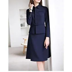 Ensemble Deux Pièces pour Femme, Jupe Imbibée Bleu Marine, Blazer, Costume à Col Rabattu, Combinaison Slim Fit, Ceinture, Manches sulf, Chic