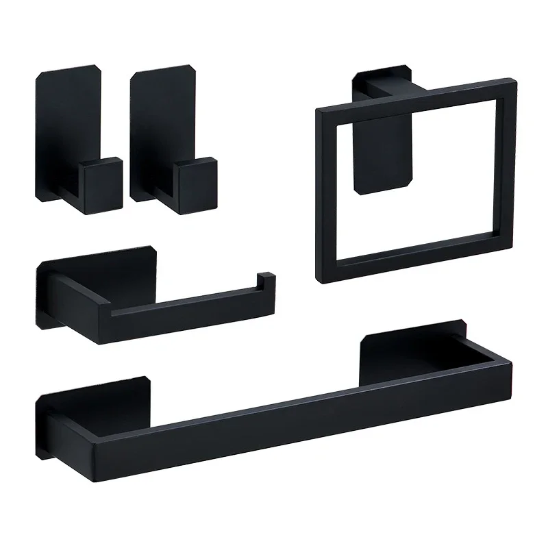 Self-adhesive Black Bathroom Hardware Accessories Set Stainless Steel Toilet Paper Holder Towel Bar Hook Bathroom Accessories