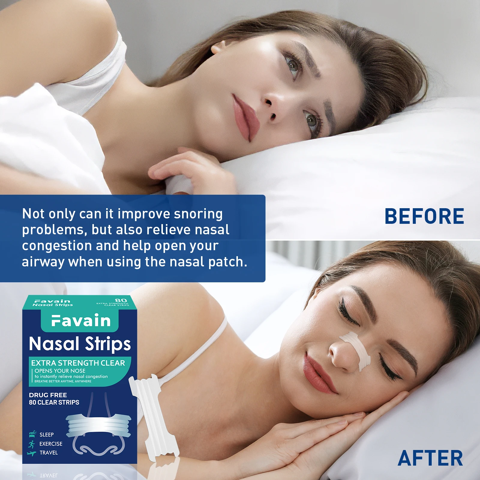 

Favain Transparent Anti-Snore Patch Nasal Strips Non-Irritating 80pcs Sleep Better Aid
