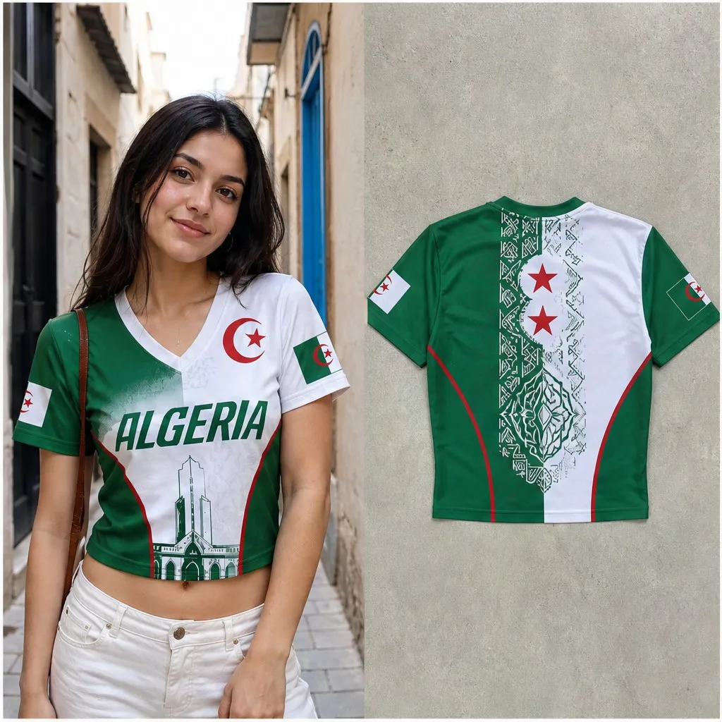 Womens V Neck Cropped Tee Algeria Landmark Graphic Short Sleeve Summer Casual Top With Patterned Back Panel Detail Summer Street