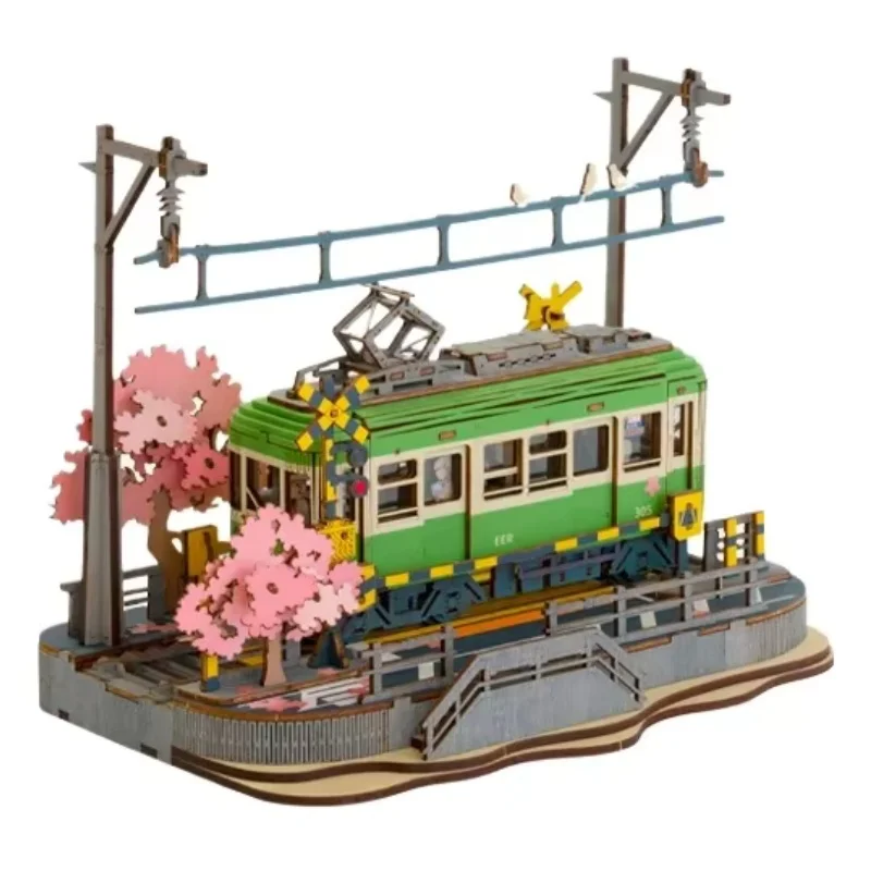 Wooden Handmade Building Blocks Assembled Tram Three-dimensional Jigsaw Model Decoration Girl Gift Decoration Collection