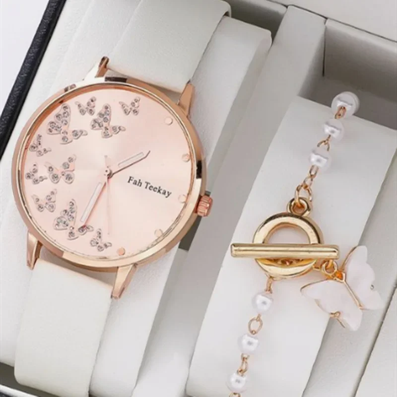 New Simple Casual Women Analog WristWatch Bracelet 2pcs Set Womens Butterfly Watches Ladies Fashion Watch Gift Relógio Feminino