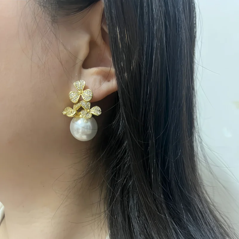 French new design fashion jewelry 18K gold plated flower zircon pearl earrings elegant women's evening party accessories