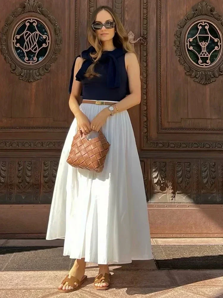 

Chicheca Solid White A-line Long Skirt Spring Summer Women Elegant Pleated Skirt Bottoms 2024 High Waist Female Faldas Mujer