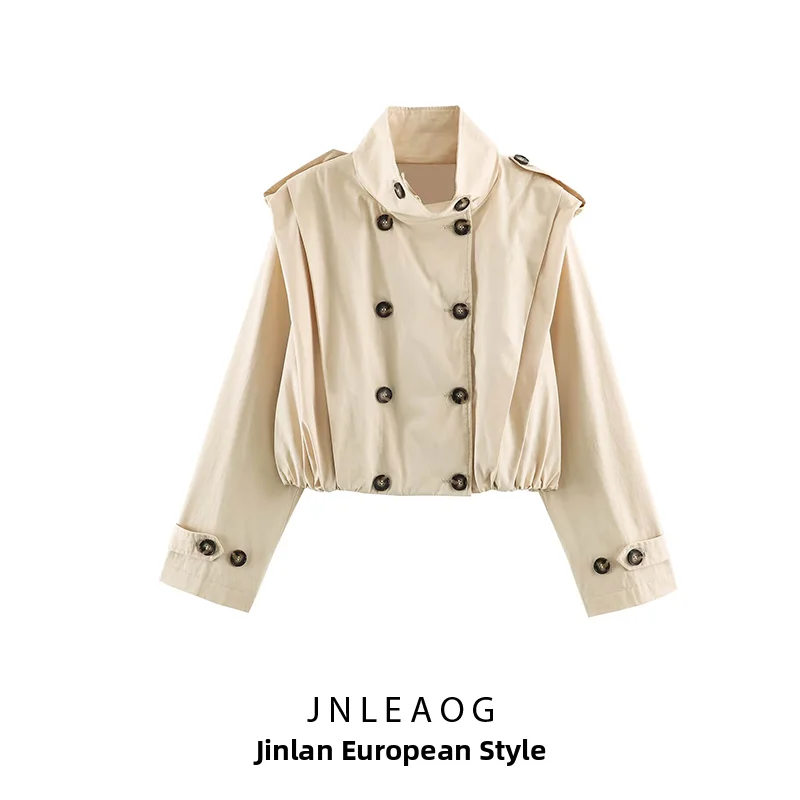 Fashionable Short Padded Jacket Women's Autumn New Style Stand Collar Pleated Double Breasted Polyester Fiber Windbreaker
