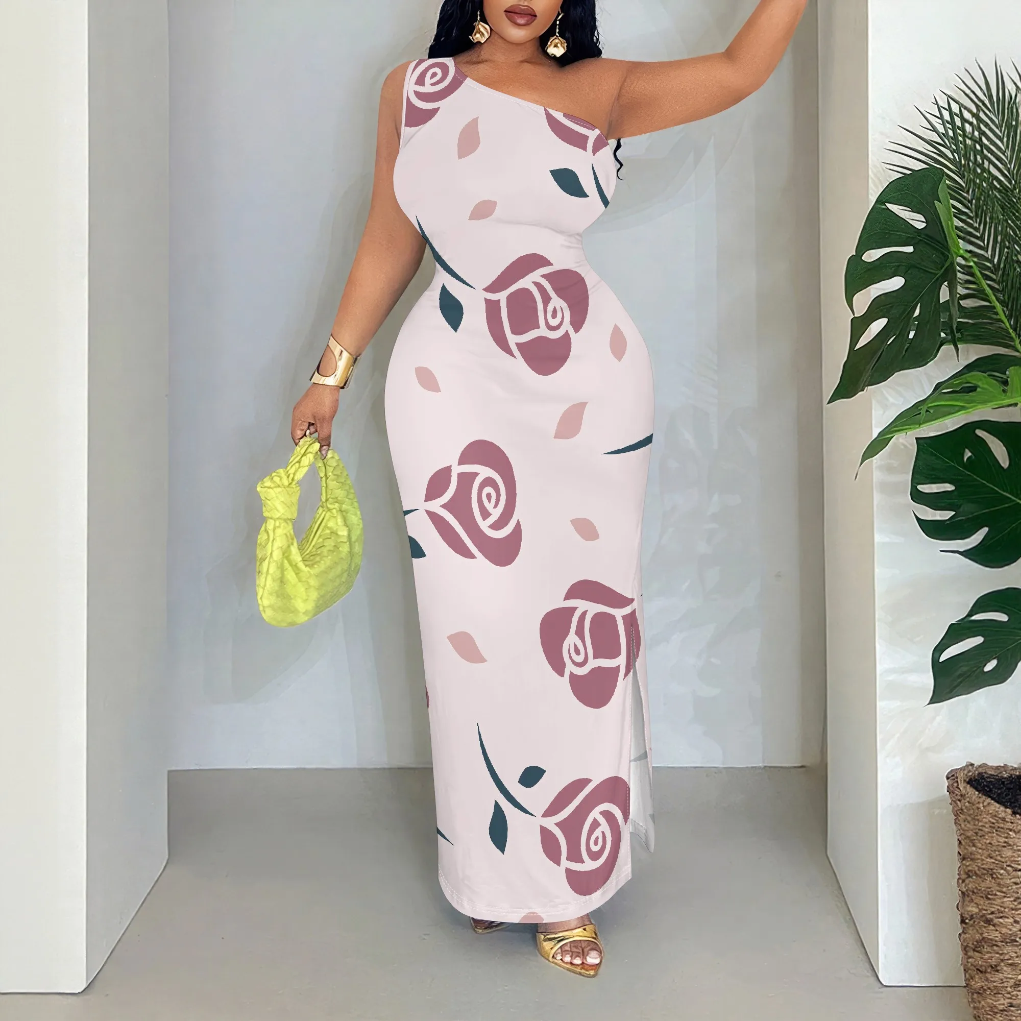 

Rose Print One Shoulder Maxi Dress, Floral Sleeveless Bodycon Gown, Elegant Party Evening Wear for Women, S-2XL