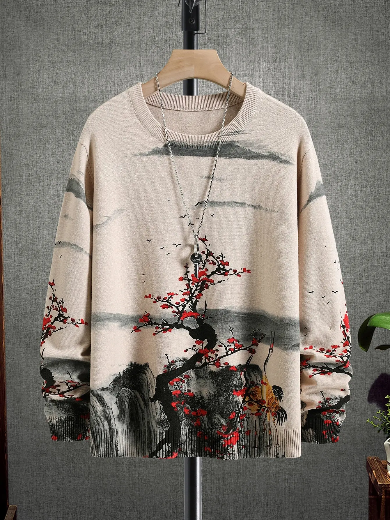 

Men's Crewneck Sweater with Ink Wash Landscape & Red Blossom Print, Casual Long Sleeve Pullover