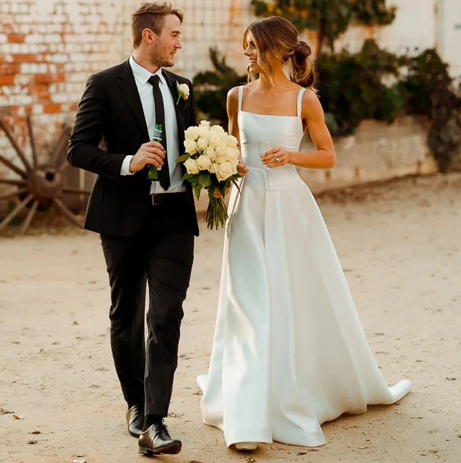 Personalizado 2024 nuevos vestidos De Novia Línea A cuello cuadrado satén clásico Vestidos De Novia al aire libre bata Mariage Vestidos De Novia