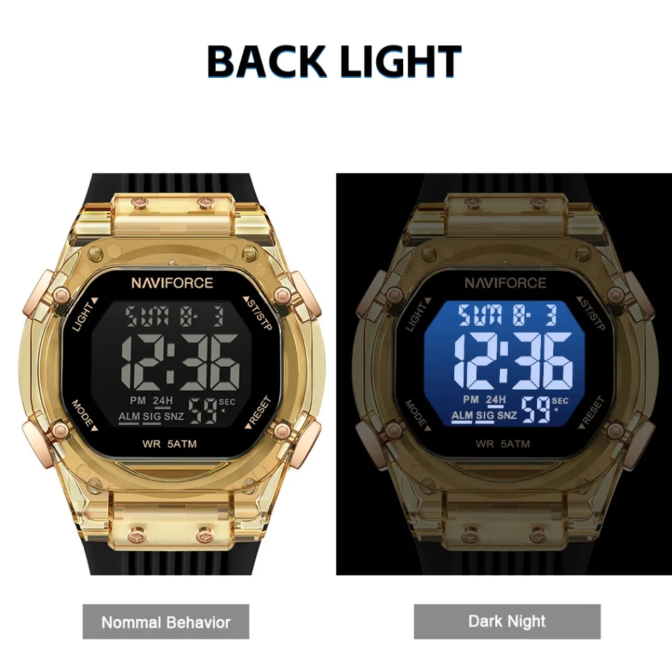 

NAVIFORCE Ladies Sport Watch 5ATM Water Resistance LED Light Women Multifunction Watch Stopwatch Silica Strap Alarm Clock NF6114