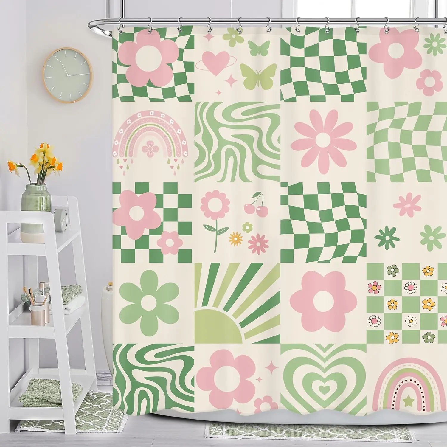 Green Pink Flower Shower Curtain Modern Abstract Checkered Floral Butterfly Bathroom Decor Fabric Bath Curtains with Hooks