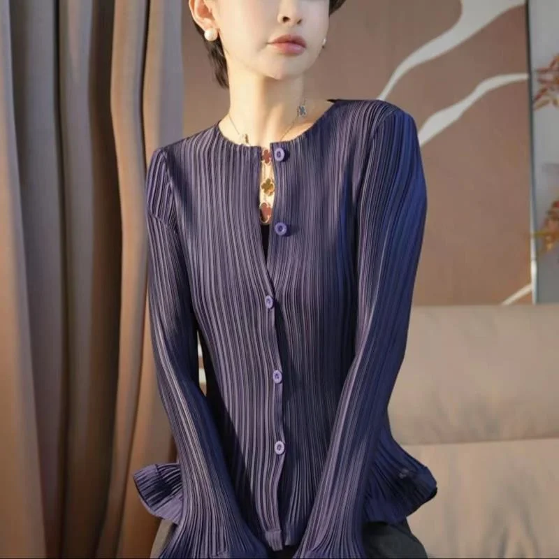 Outerwears Women's Jacket Lssey Miyake Pleated Vintage Line Jacket Spring and Autumn New Single-breasted Long-sleeved  Shirt