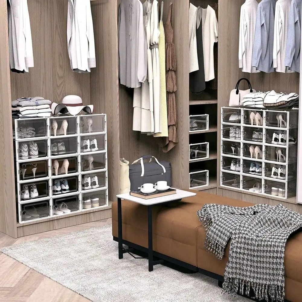 

12 Pack Shoe Storage Boxes, Stackable Closet Shoe Racks, Shoe Display Cabinets. Boot And Hat Storage Boxes. Dust