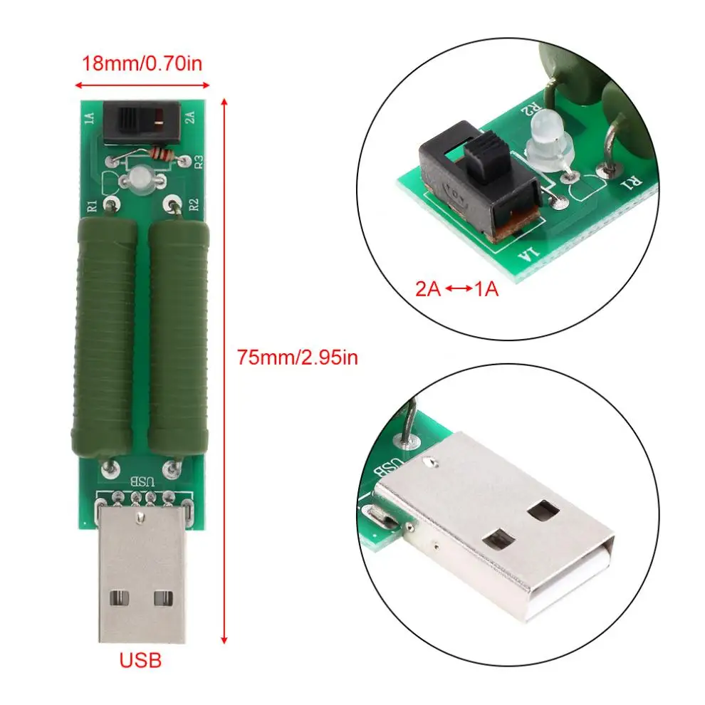 Voltage Meters Green Portable Mini USB Discharge Interface Load Resistor with 2A / 1A Switch Electrical Instruments