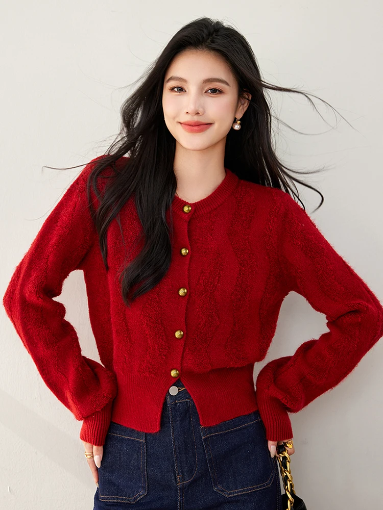 2024 Autumn Women\'s Red Sweater Retro Loose Long Sleeve Knitted Cardigan Fashion Single Breasted Female Sweater Top