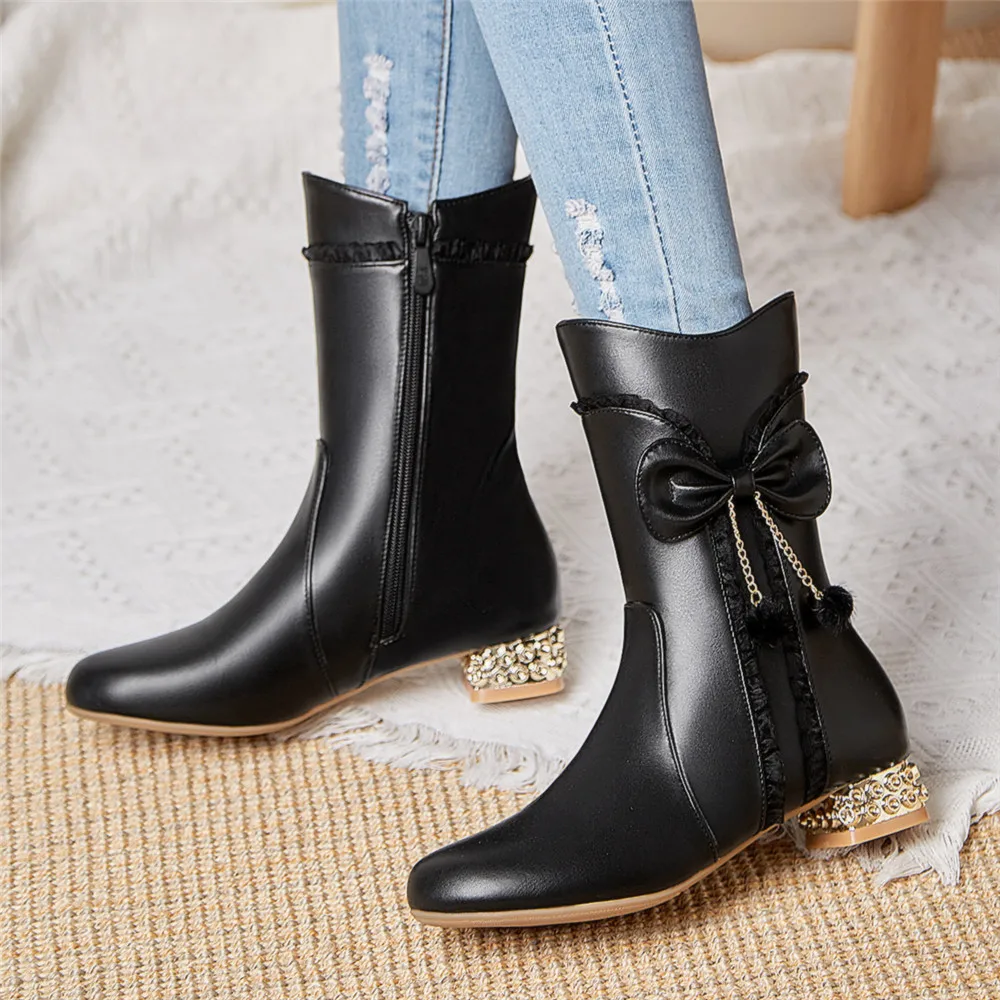 2024 New Women Boots Autumn Winter Girls Booties Thick Heel Low-heel Short Boots Side Zippe Bow Botas Mujer Shoes 31-43 Pink