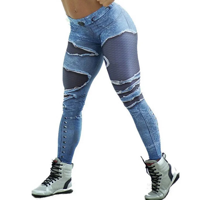 Summer Women’s Printed Patchwork Denim-Inspired High-Waist Compressive Thigh-Hugging Fitness/Yoga Pant — купить у AliExpress WW