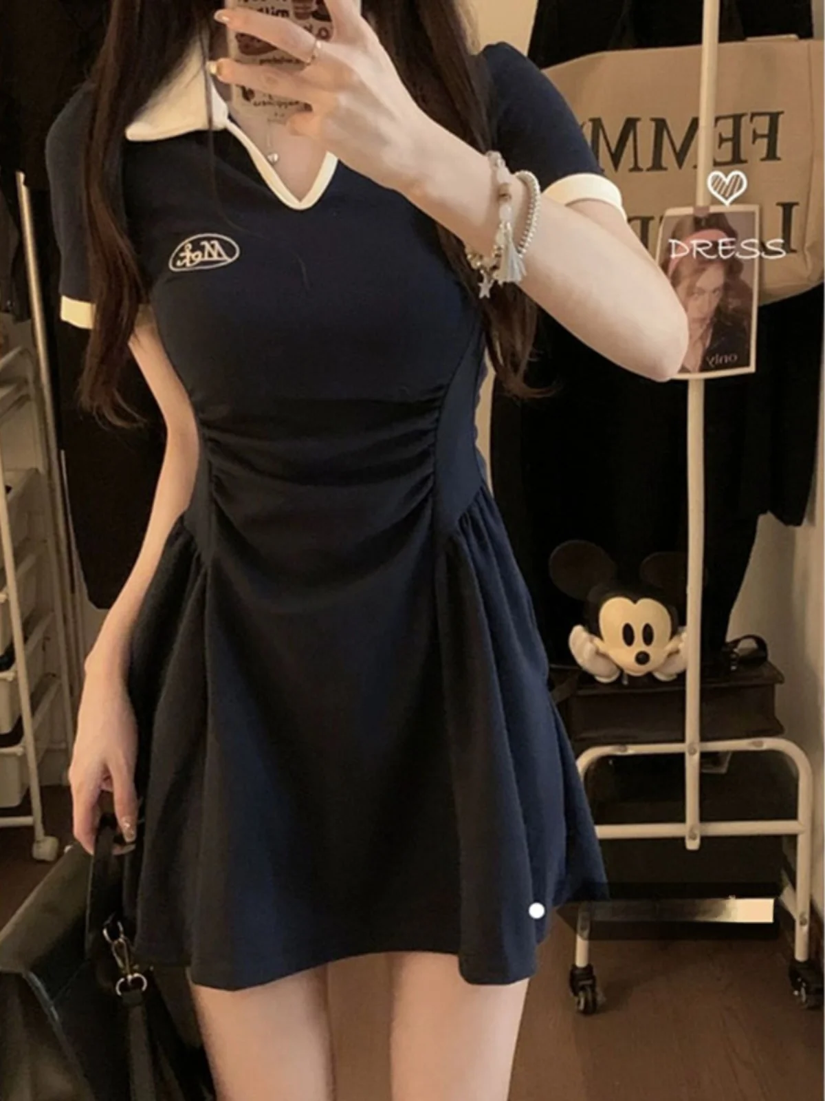 

Summer New Style Women's Collar Color Block Short Sleeve Dress Slimming Waist High Waist A-Line Skirt Commute Style