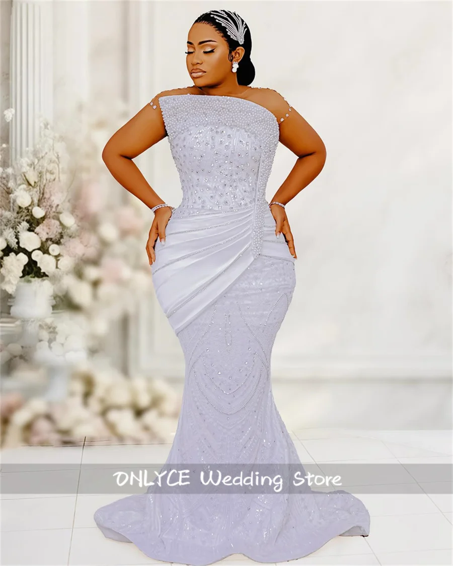 Charming Mermaid African Wedding Dress Luxury 2025 Women Bride Dresses Beading Pearls Diamonds Robe De Mariee Customized