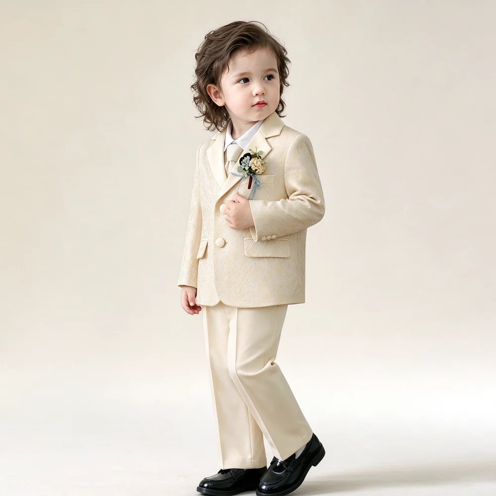 Kids Gentleman 4 Pieces Suit Set Jacquard Pattern Blazer Waistcoat Trousers Tie Boys Formal Tuxedo for Wedding Birthday Party