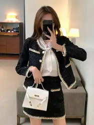 Abiti eleganti da donna in Tweed set da 2 pezzi cappotto nero monopetto moda + gonna corta A-Line set di abbigliamento donna