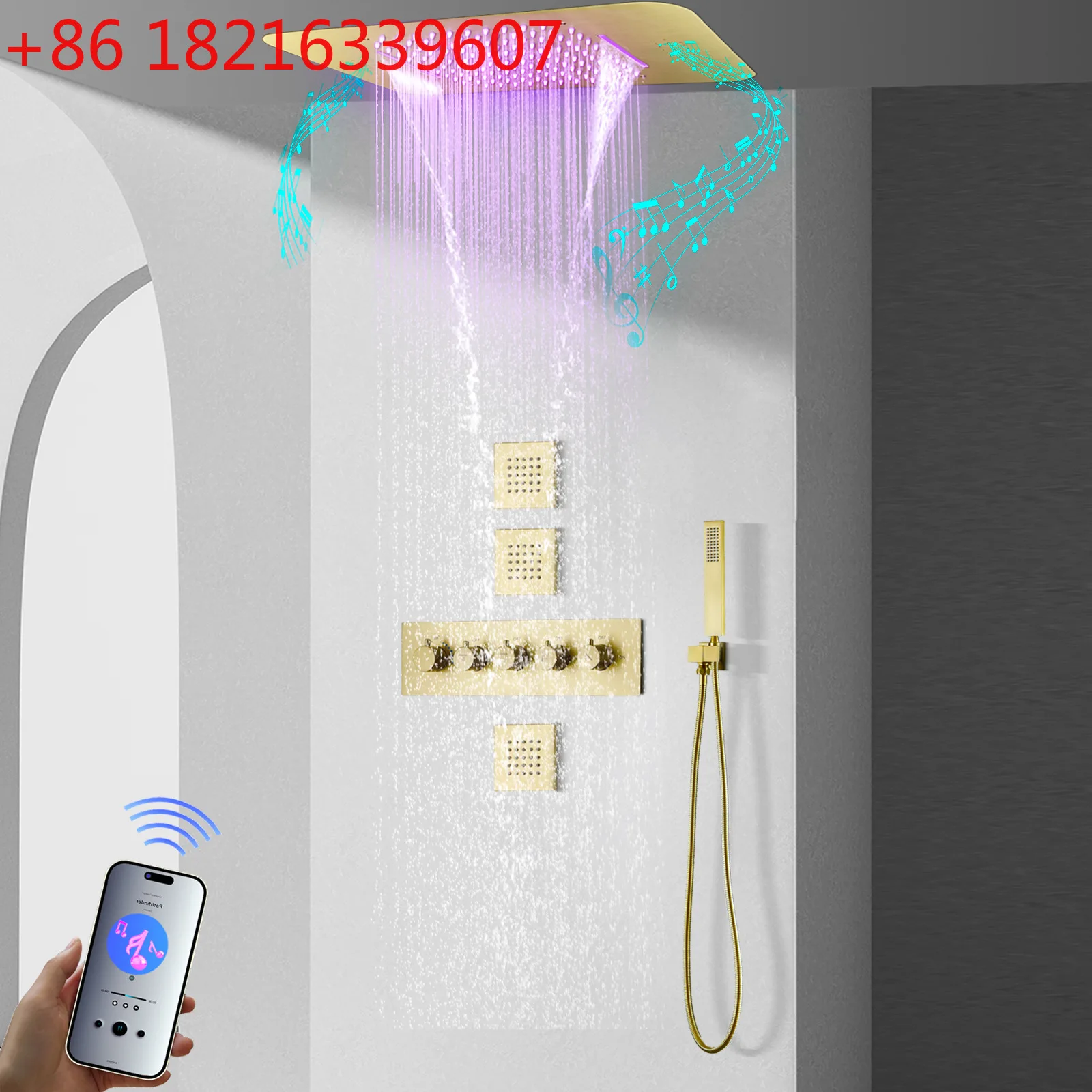 Ruskin Concealed Shower Shower Wall Type 580 * 380mm Stainless Steel LED Top Spray Music