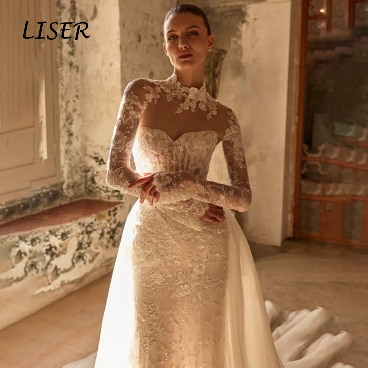 Liser Customize Ivory High Neck Long Sheer Lace Mermaid Wedding Dress Detachable Satin Overlay Vintage Luxury Robe De Mariée