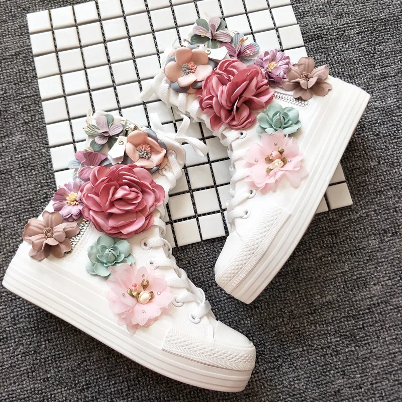 Women Canvas Boots Long Boots Handmade 3D Flats Casual Thick Sole High Top Zipper Comfortable Vulcanize Sneakers Women's Boots