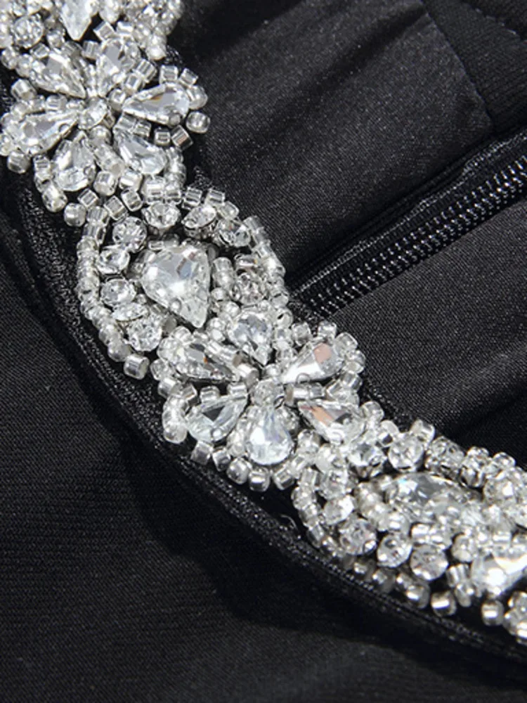 DEAT Elegancka sukienka Diamond Splice O-neck Bez rękawów Wąska talia Solidne damskie sukienki wieczorowe 2024 Jesień Nowy przypływ 35Z614