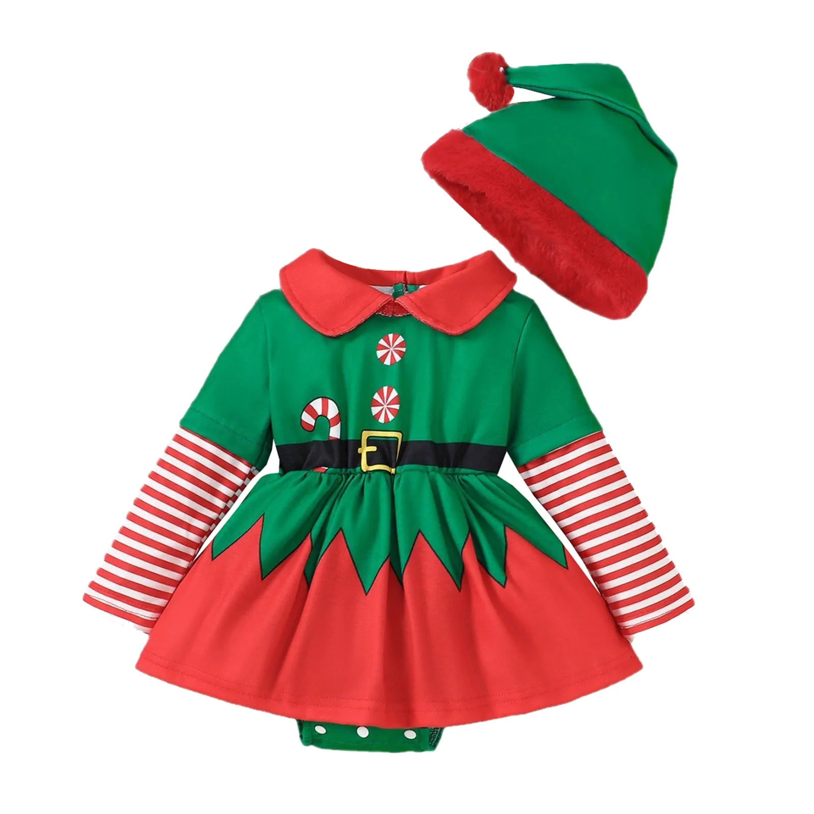 Infant Baby Girls Christmas Romper Striped Green Tree Santa Bodysuit Dress For Baby With Hat My First New Year Baby Costume 2024