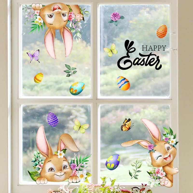 1Set Happy Easter Window Stickers Cartoon Rabbit Easter Eggs Flowers Butterfly Glass Sticker Spring Easter Home Decoration 2024