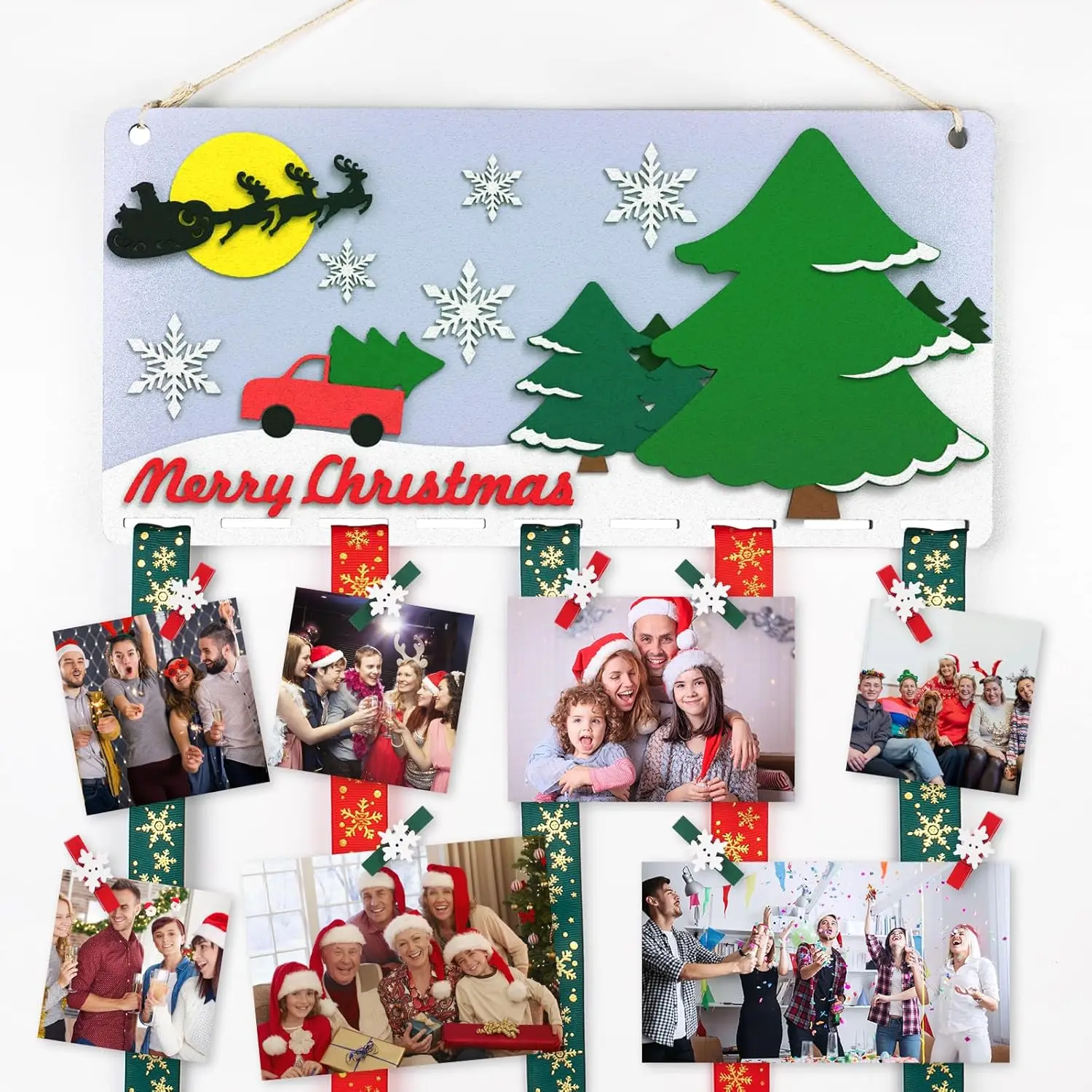 

Christmas Card Holder Wall Display, Steric Felt Christmas Card Holder Wall Display Patterns with 30 Wood Clips & 6 Ribbons, Merr