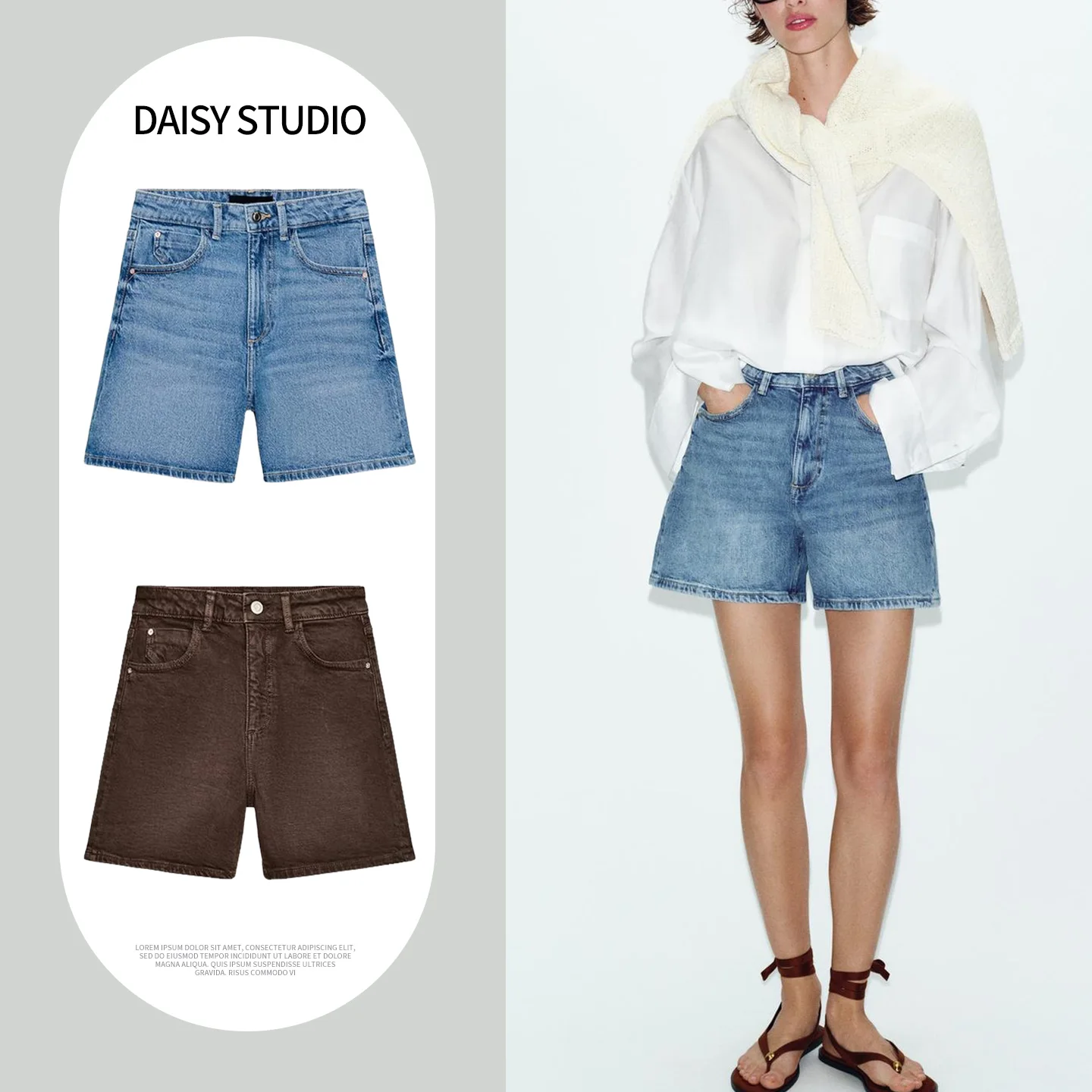 Summer New Women's Comfortable High Waist Loose Wide Leg A-Line Denim Shorts Commuter Style Straight Cut Polyester Fiber