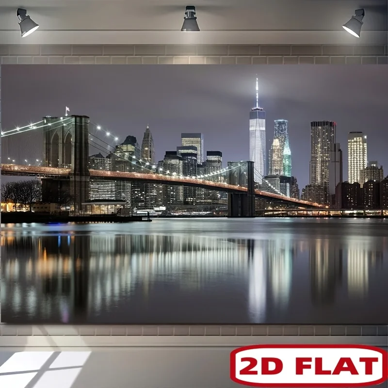 Tapeçaria com Vista Noturna do Skyline de Nova York, Ponte de Brooklyn, Arranha-Céus de Manhattan, Paisagem Urbana para Apartamento Moderno