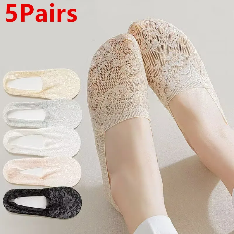 

5Pairs Women Socks Summer Thin Breathable Silicone Non-slip Ladies Invisible Lace Boat Sock Transparent Fashion Calcetines Mujer