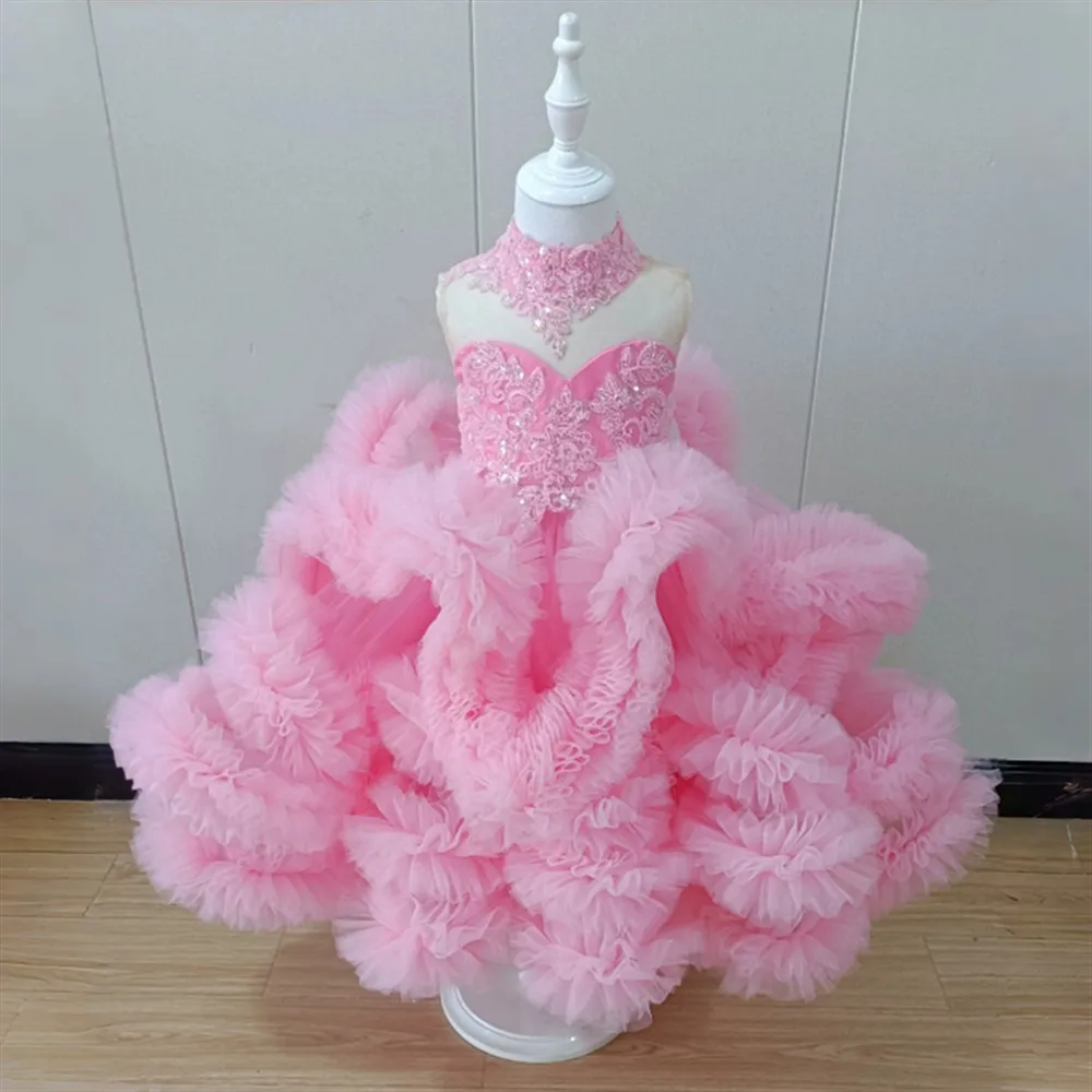 

Customized Pink Tulle Flower Girl Wedding Dress Sleeveless Sequins Puffy Layered Kids Birthday Party Dress First Communion Gown