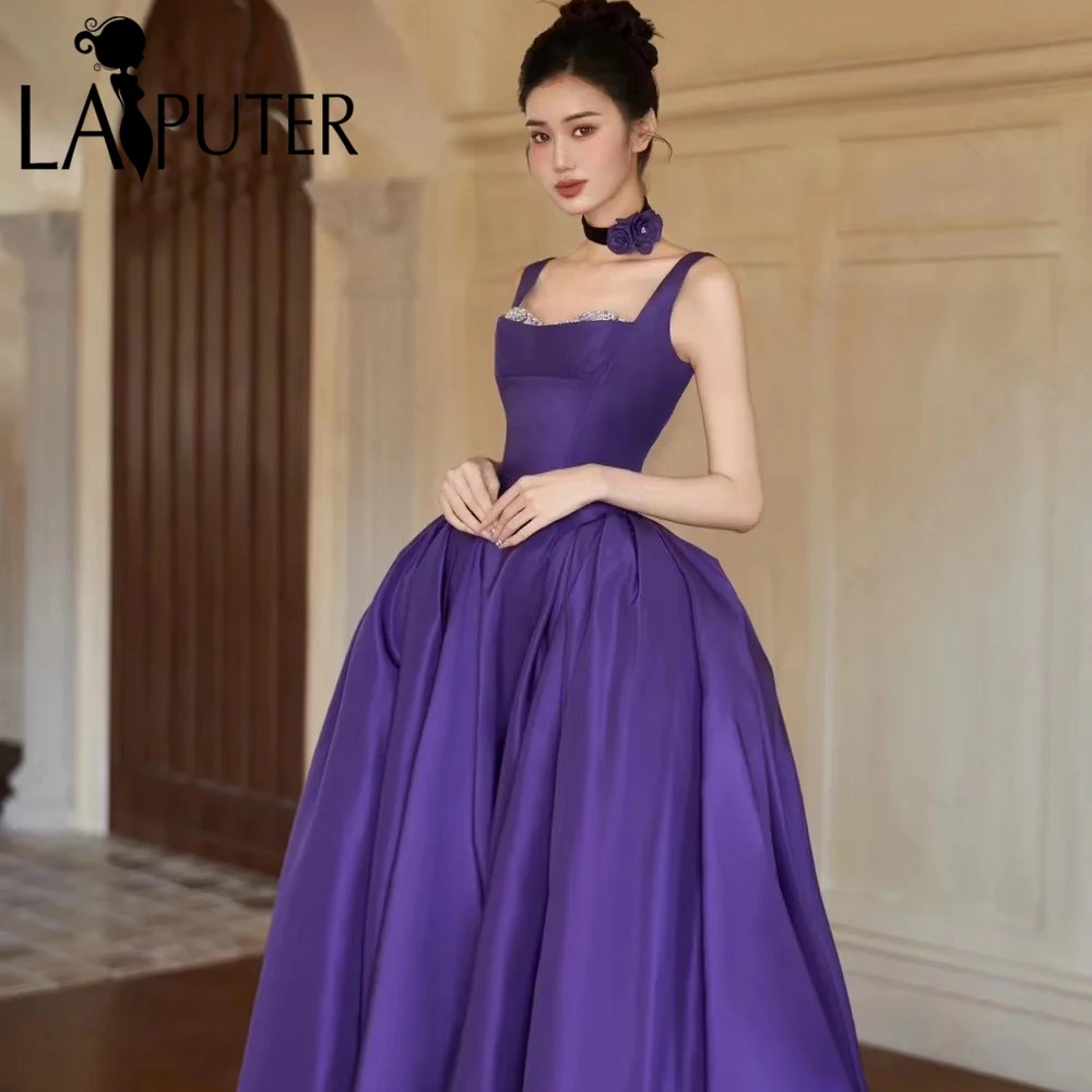 Grape Satin Evening Dresses Square Neck Shoulder Straps Simple A line Prom Gown Box Pleat New Design 2024 Celebrity Dress